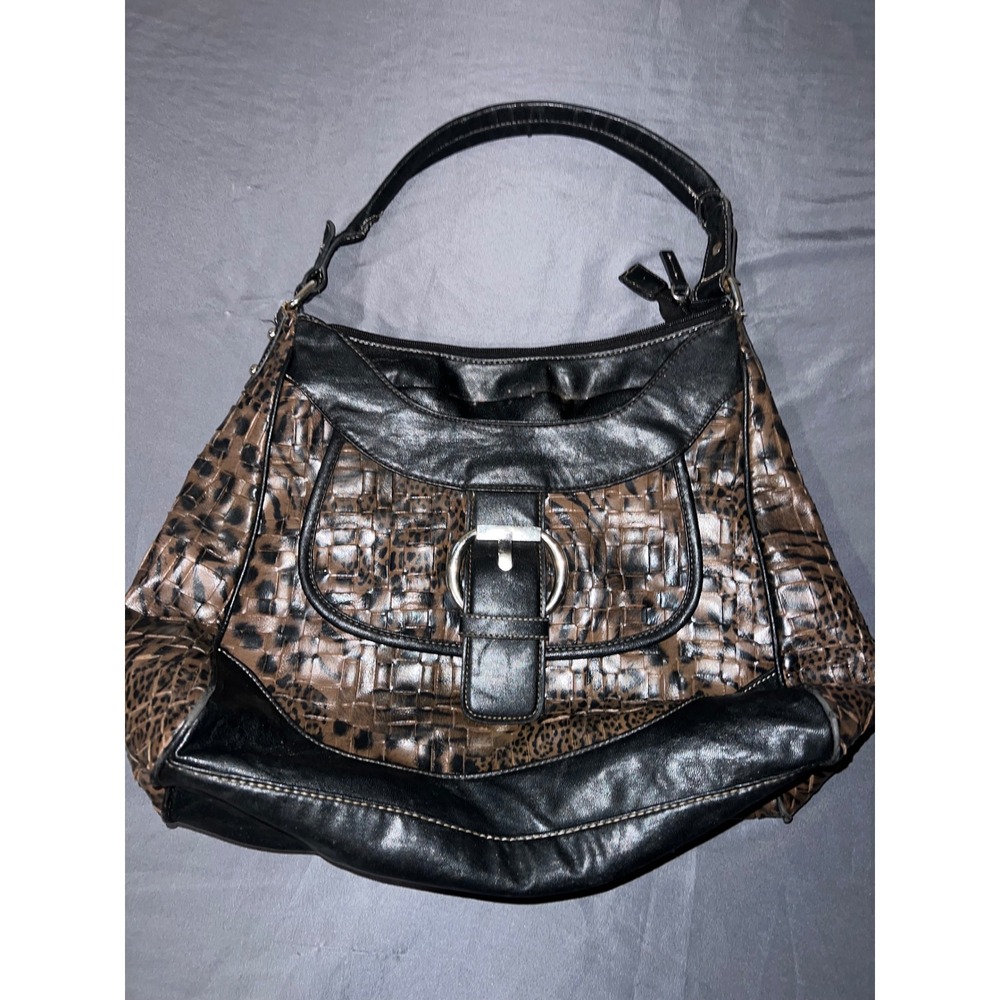 Alfred Dunner Animal Print Hobo Bag Brown Black Faux Leather Woven Purse Medium